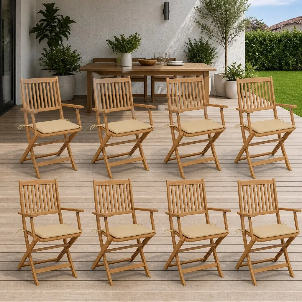Folding Dining Chairs Set 8 Pieces Wood Acacia with Cushions Beige