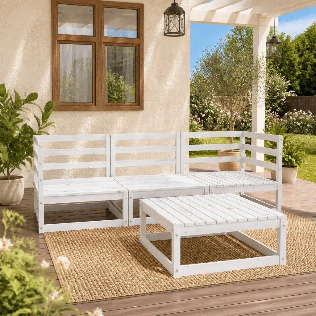 4 Piece Garden Lounge Set White Outdoor Furniture Solid Pinewood Patio Sofa