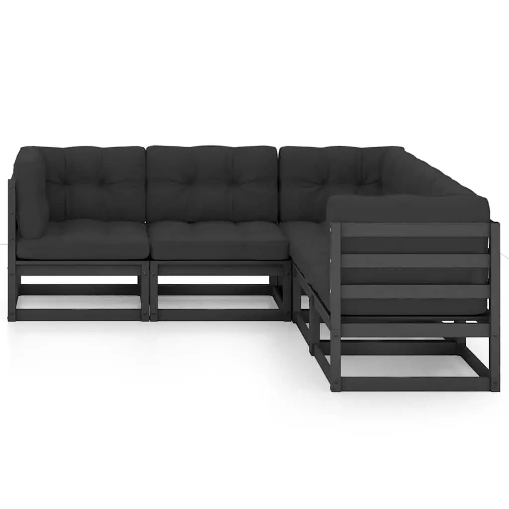 Garden Lounge Set Solid Pinewood with Cushions 5 Piece Black