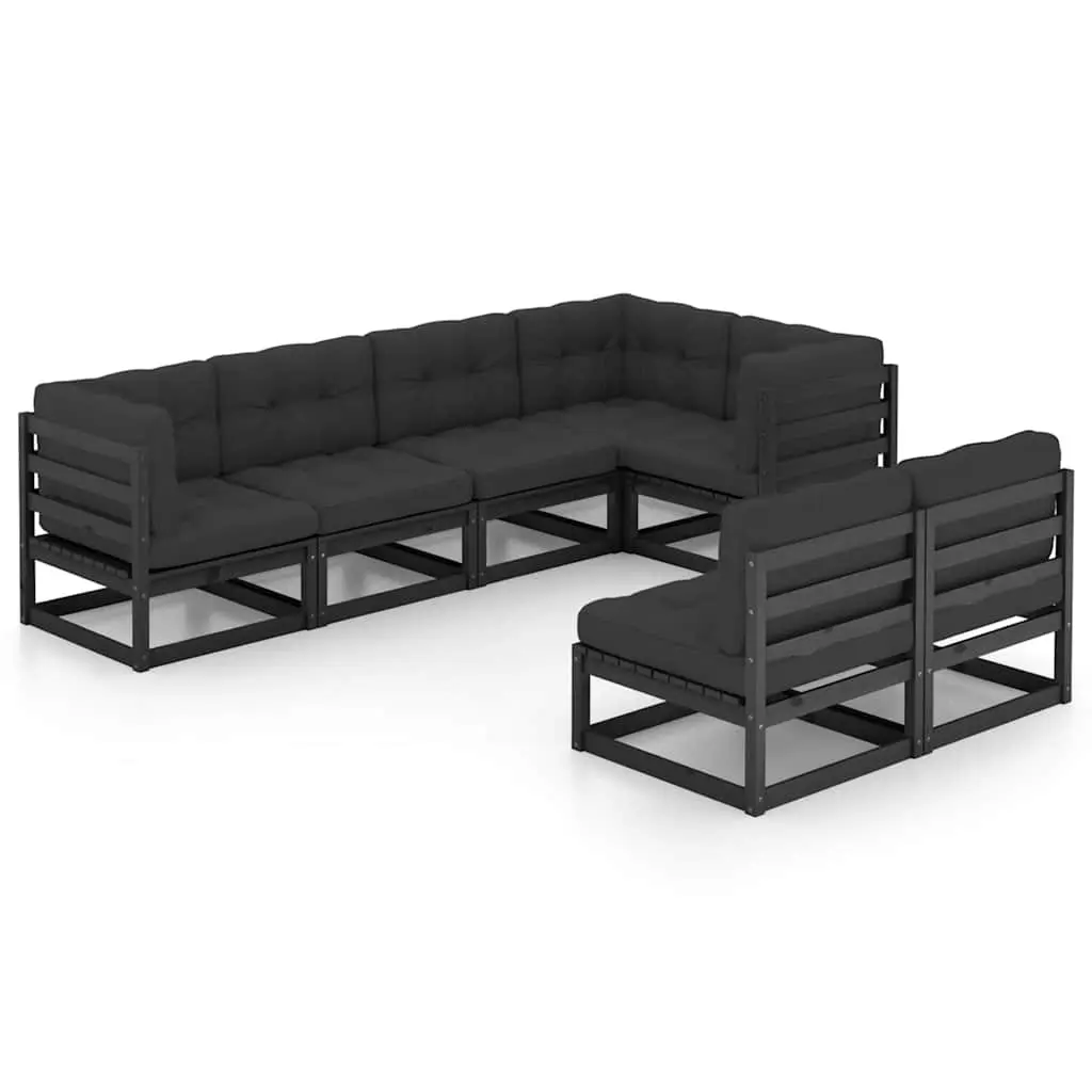 Garden Lounge Set 7 Piece Outdoor Furniture with Cushions Solid Pinewood Black