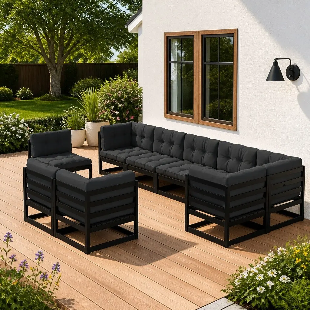 Garden Lounge Set 9 Piece Outdoor Furniture with Cushions Solid Pinewood Black