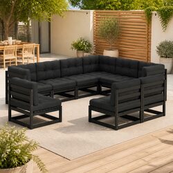 9 Piece Garden Lounge Set Outdoor Furniture with Cushions Black Pinewood Sofa