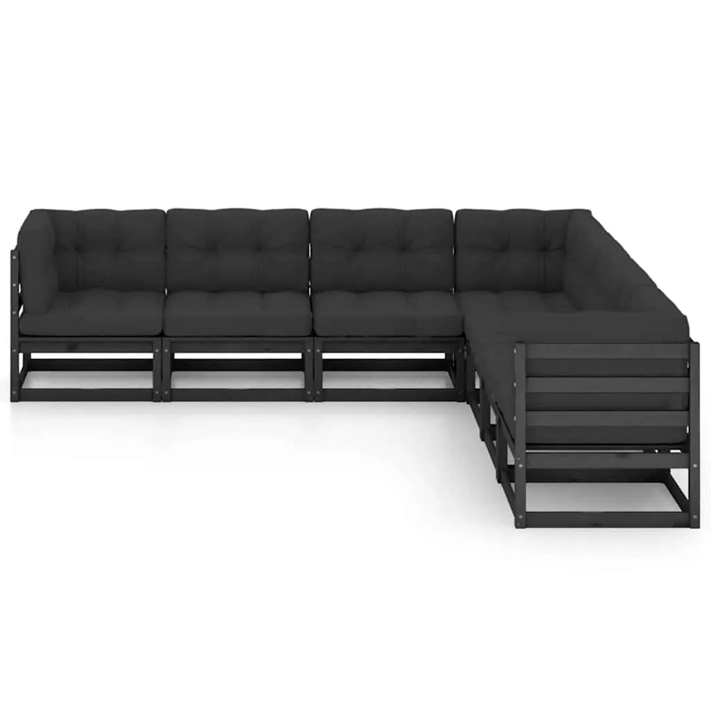 7 Piece Garden Lounge Set Black Pinewood with Cushions Outdoor Furniture