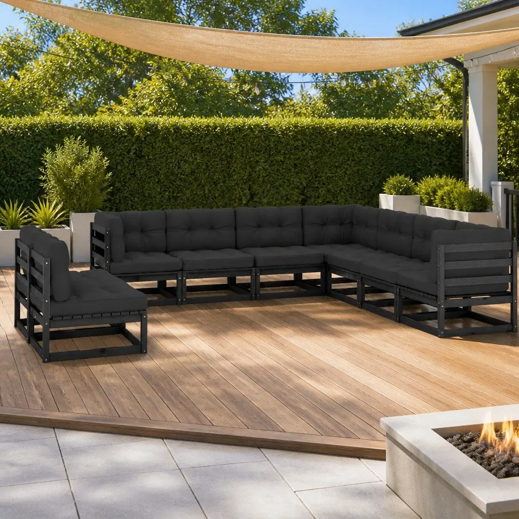 9 Piece Garden Lounge Set Solid Pinewood Black Outdoor Furniture with Cushions