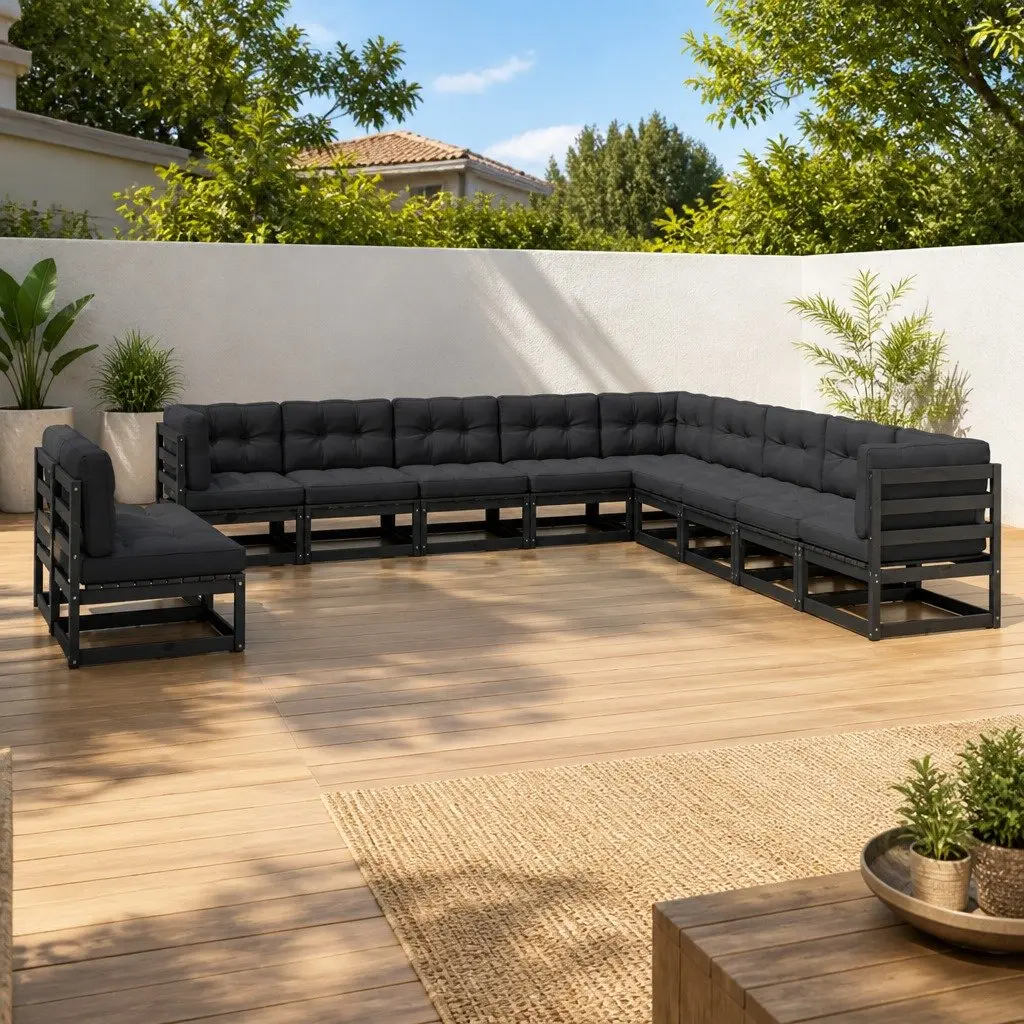 11 Piece Garden Lounge Set Solid Pinewood Outdoor Furniture with Cushions Black