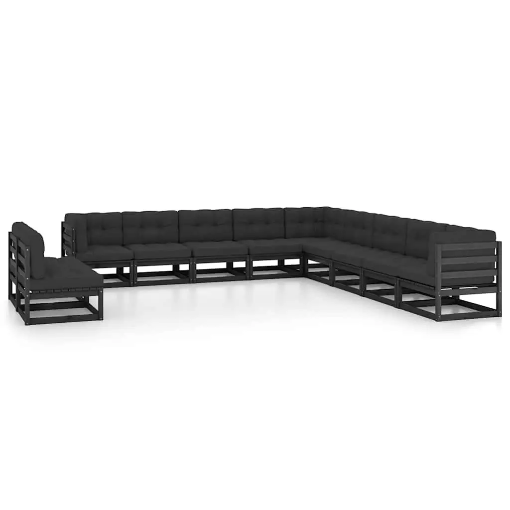 11 Piece Garden Lounge Set Solid Pinewood Outdoor Furniture with Cushions Black
