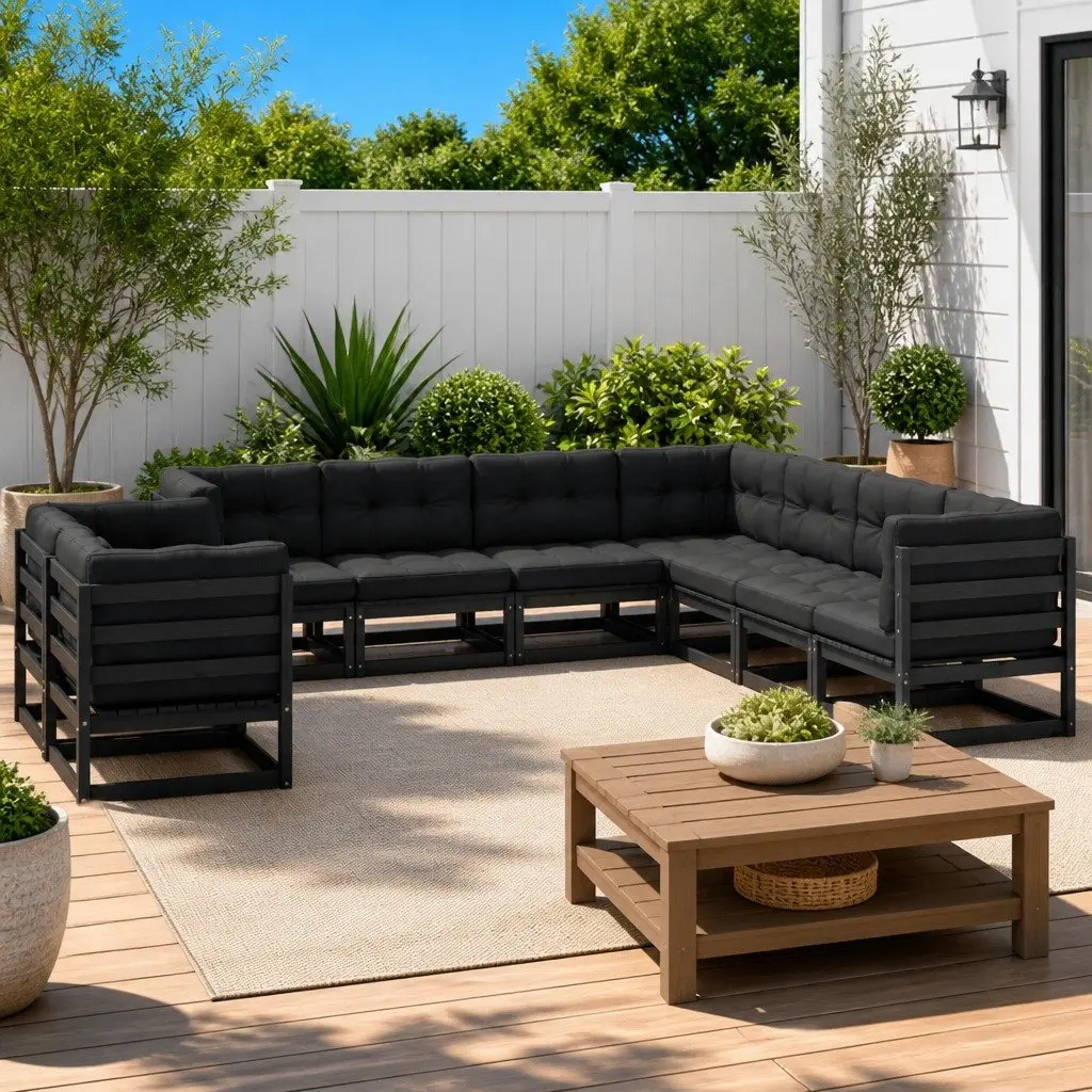 9 Piece Garden Lounge Set Solid Pinewood Black Outdoor Sofa with Cushions