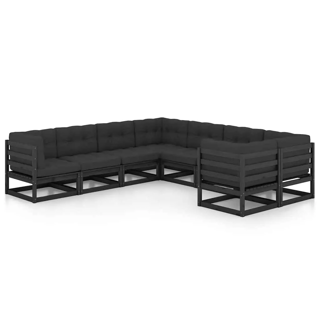 8 Piece Garden Lounge Set Outdoor Furniture Black Solid Pinewood with Cushions