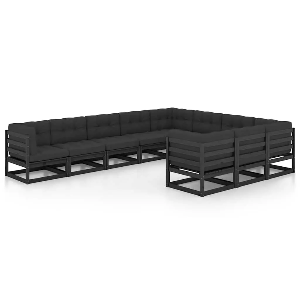 Garden Lounge Set 10 Piece Outdoor Furniture with Cushions Black Pinewood Sofa
