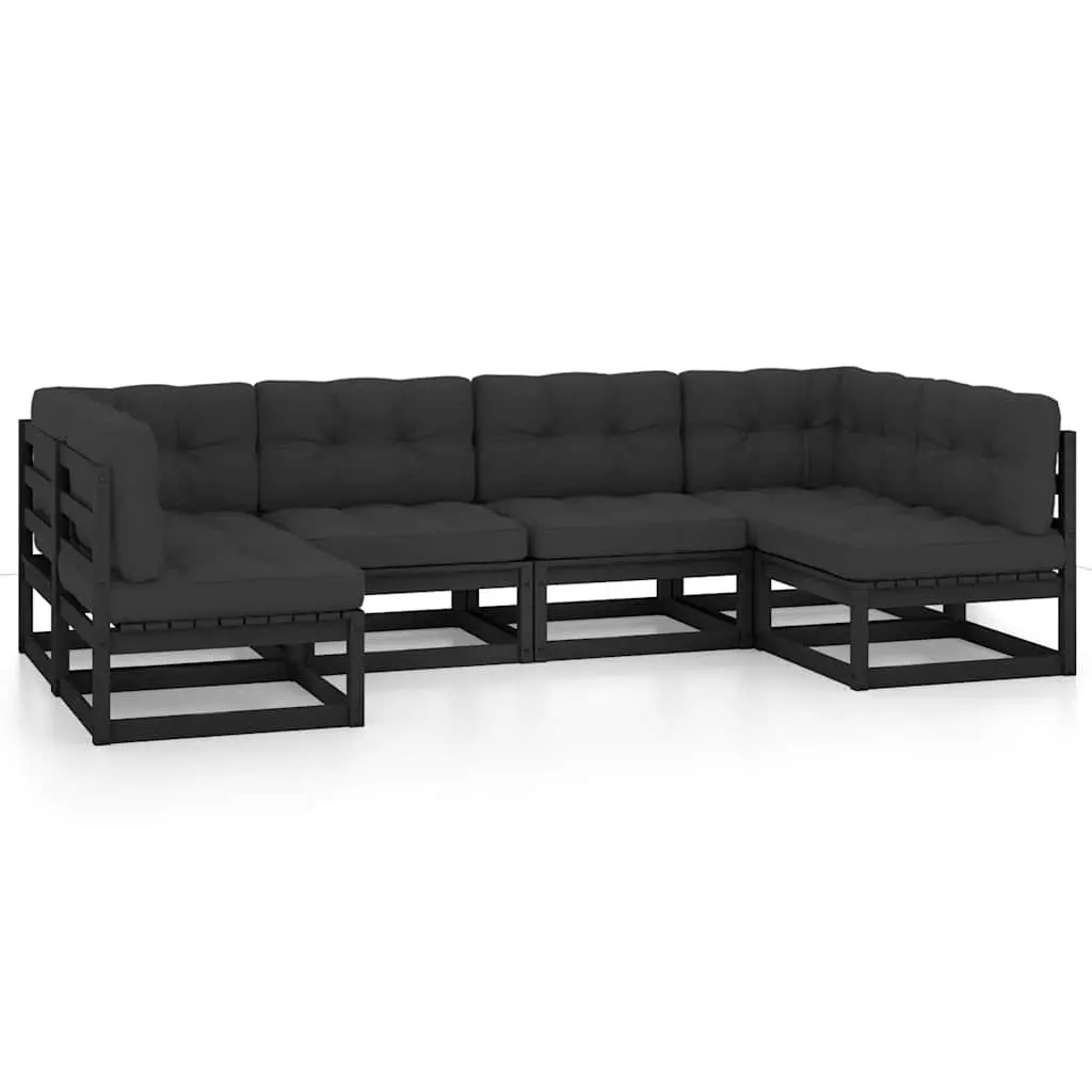 Garden Lounge Set Black Pinewood 6 Piece Outdoor Furniture with Cushions