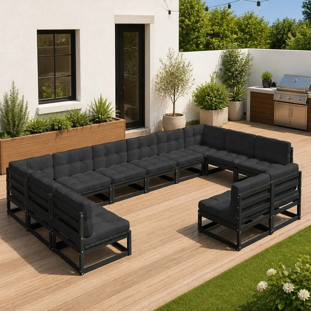Outdoor Furniture Set 12 Piece Pinewood Garden Lounge Sofa with Cushions in Black