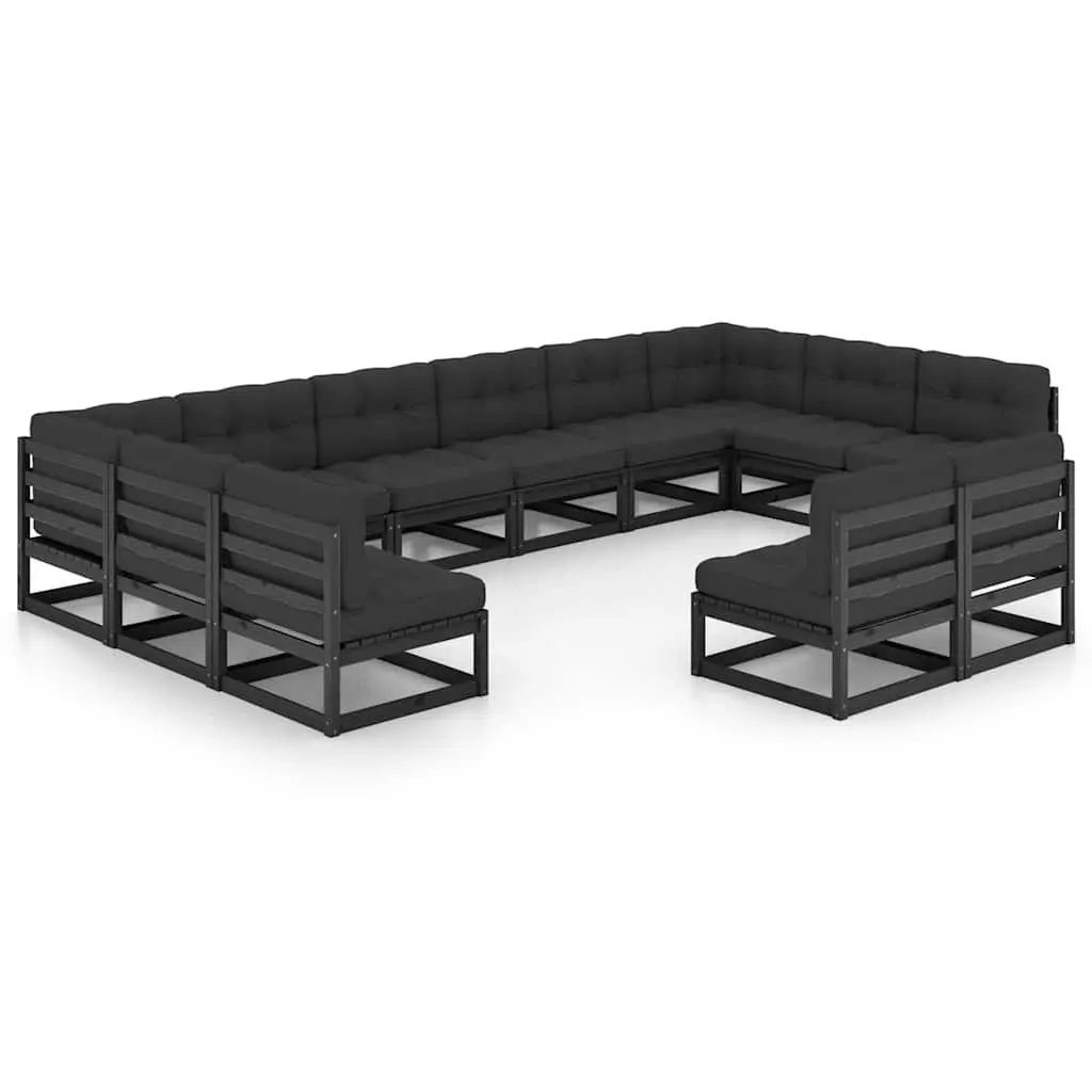 Outdoor Furniture Set 12 Piece Pinewood Garden Lounge Sofa with Cushions in Black