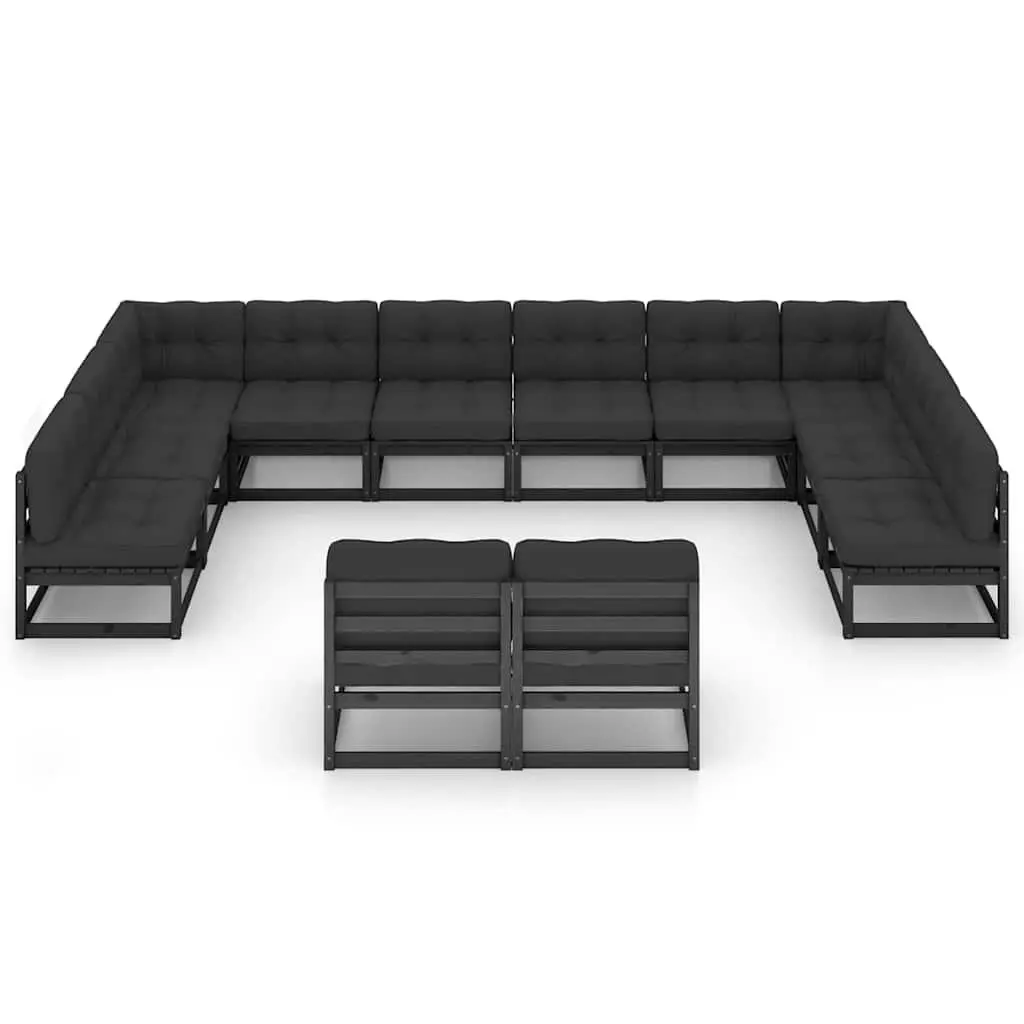 Outdoor Furniture Set 12 Piece Pinewood Garden Lounge Sofa with Cushions in Black