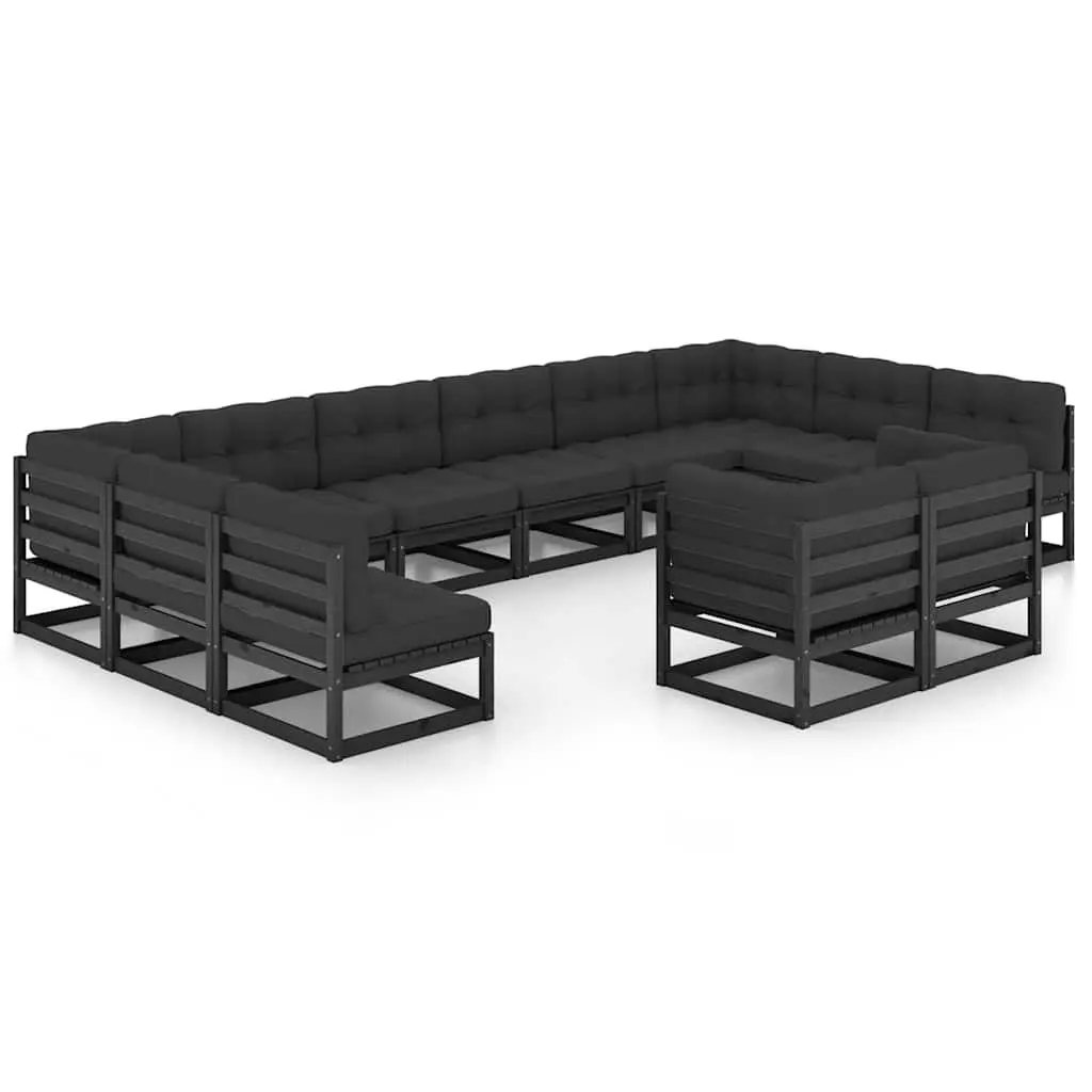 12 Piece Garden Lounge Set Solid Pinewood Construction Cushions Black