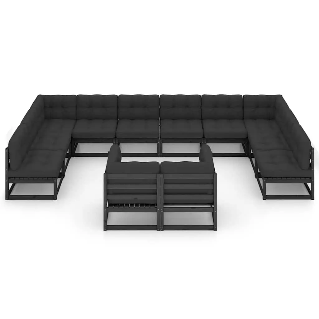 12 Piece Garden Lounge Set Solid Pinewood Construction Cushions Black