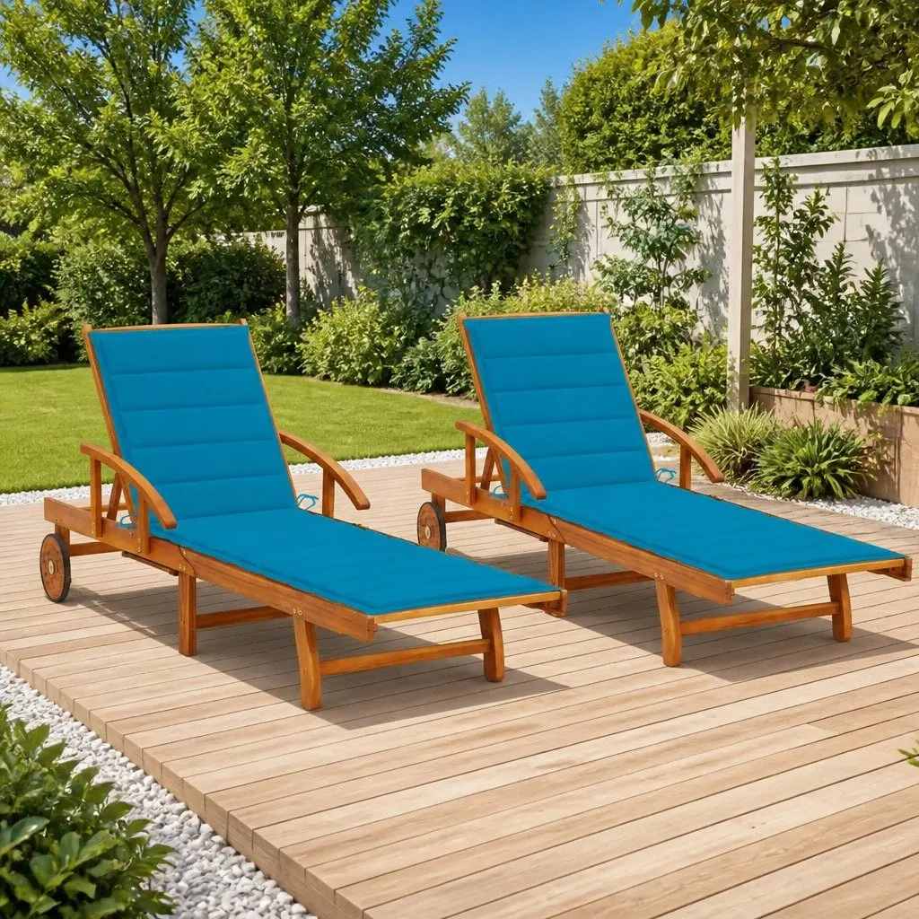 Sun Lounger 2pc Set with Cushions Solid Acacia Wood Outdoor Patio Daybed