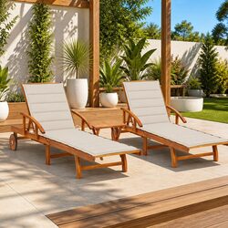 Sun Loungers Set 2 pcs with Table Cushions Solid Wood Outdoor Garden Patio