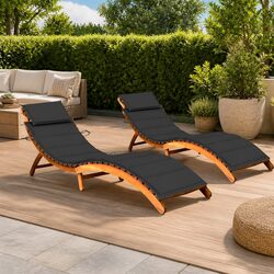 Sun Loungers Set of 2 Wooden Outdoor Deck Chairs with Cushions Patio Lounging