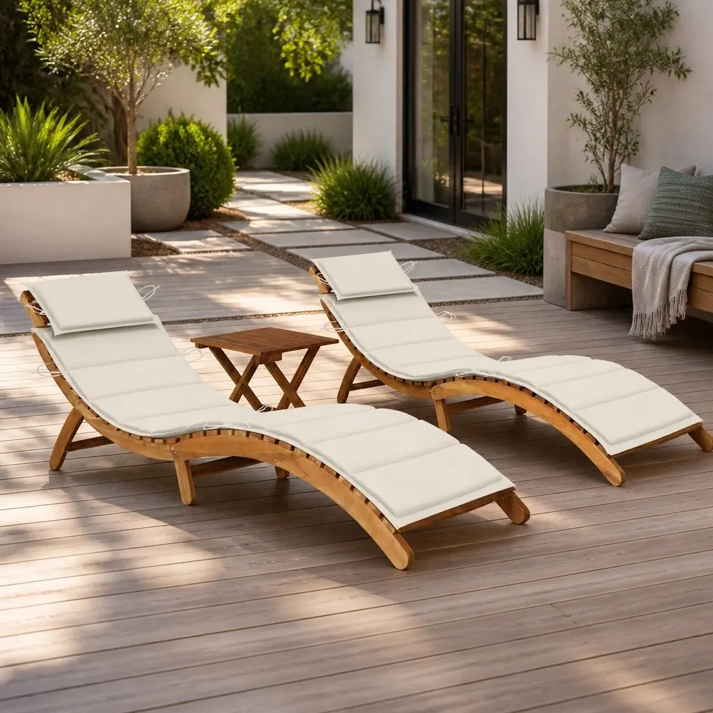 Sun Loungers Set 2 pcs Foldable Solid Acacia Wood Outdoor with Cushions and Side Table