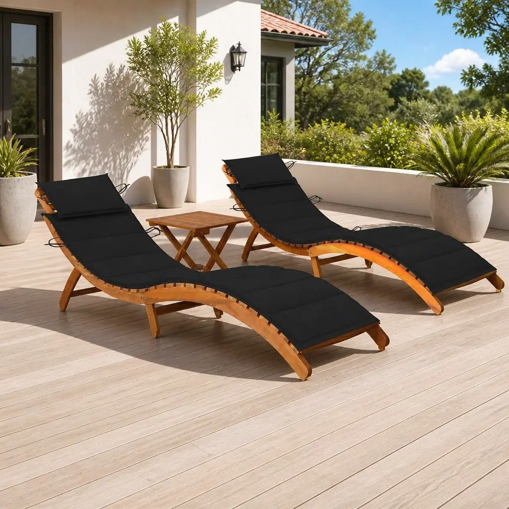Sun Loungers Set 2 pcs with Side Table and Cushions Solid Acacia Wood Outdoor