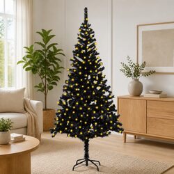 Black Artificial Pre-lit Christmas Tree 210cm with Stand LED Lights Holiday