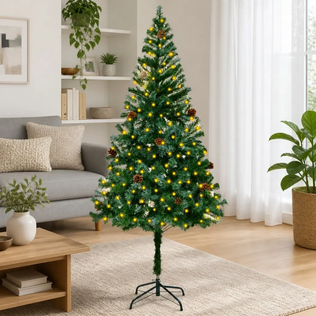 Artificial Pre-lit Christmas Tree 180cm Green Pine Cones White Branches LED