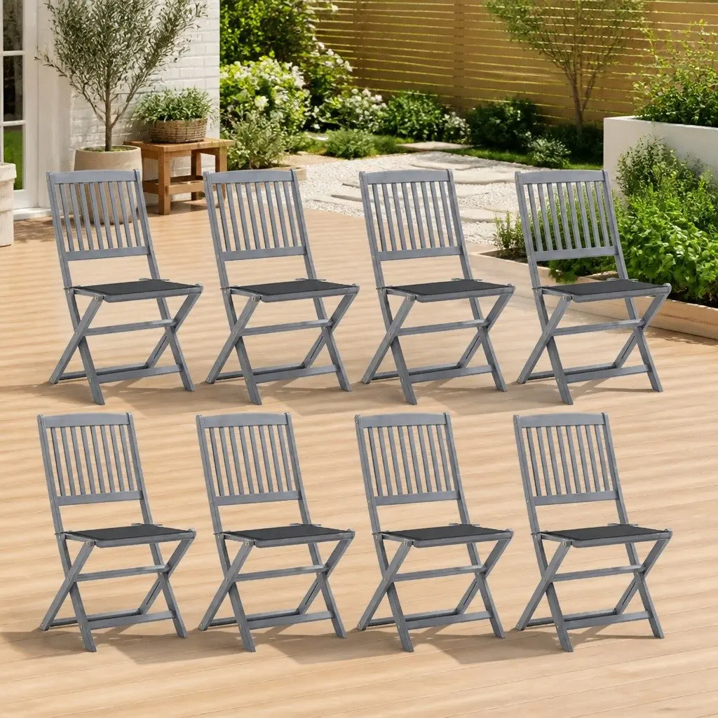 Folding Outdoor Dining Chairs Set Grey 8 Piece with Cushions Solid Wood