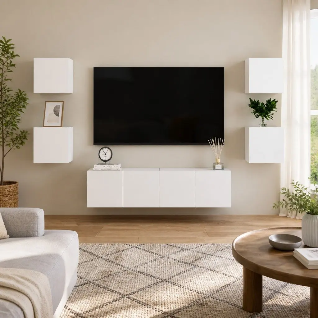 TV Cabinet Set Wall Mounted White 6 Piece Storage Unit Living Room Furniture