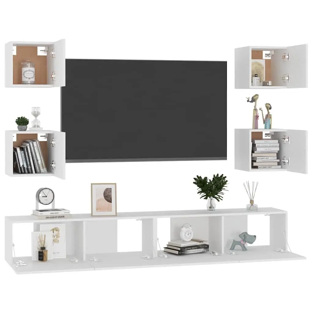 Wall-Mounted TV Cabinet Set White 6 Piece Storage Shelves Living Room Furniture