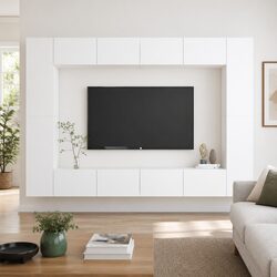 Wall-Mounted TV Cabinet Set 8 Piece White Storage Unit Floating Shelves Home