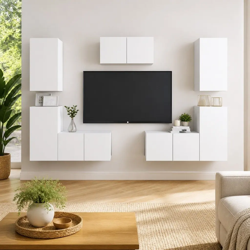 7 Piece Wall Mounted TV Cabinet Set White Storage Unit Living Room Furniture
