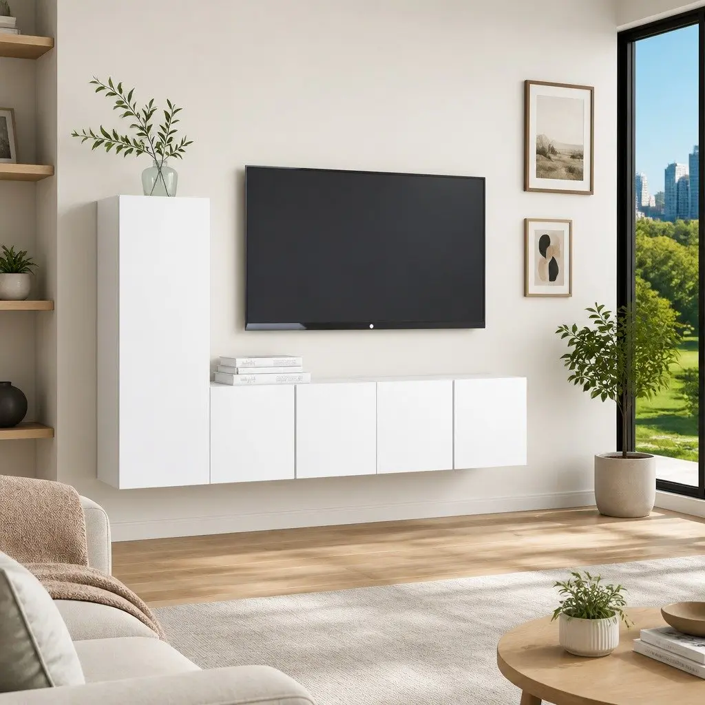 3 Piece Wall Mounted TV Cabinet Set Engineered Wood White Storage Unit