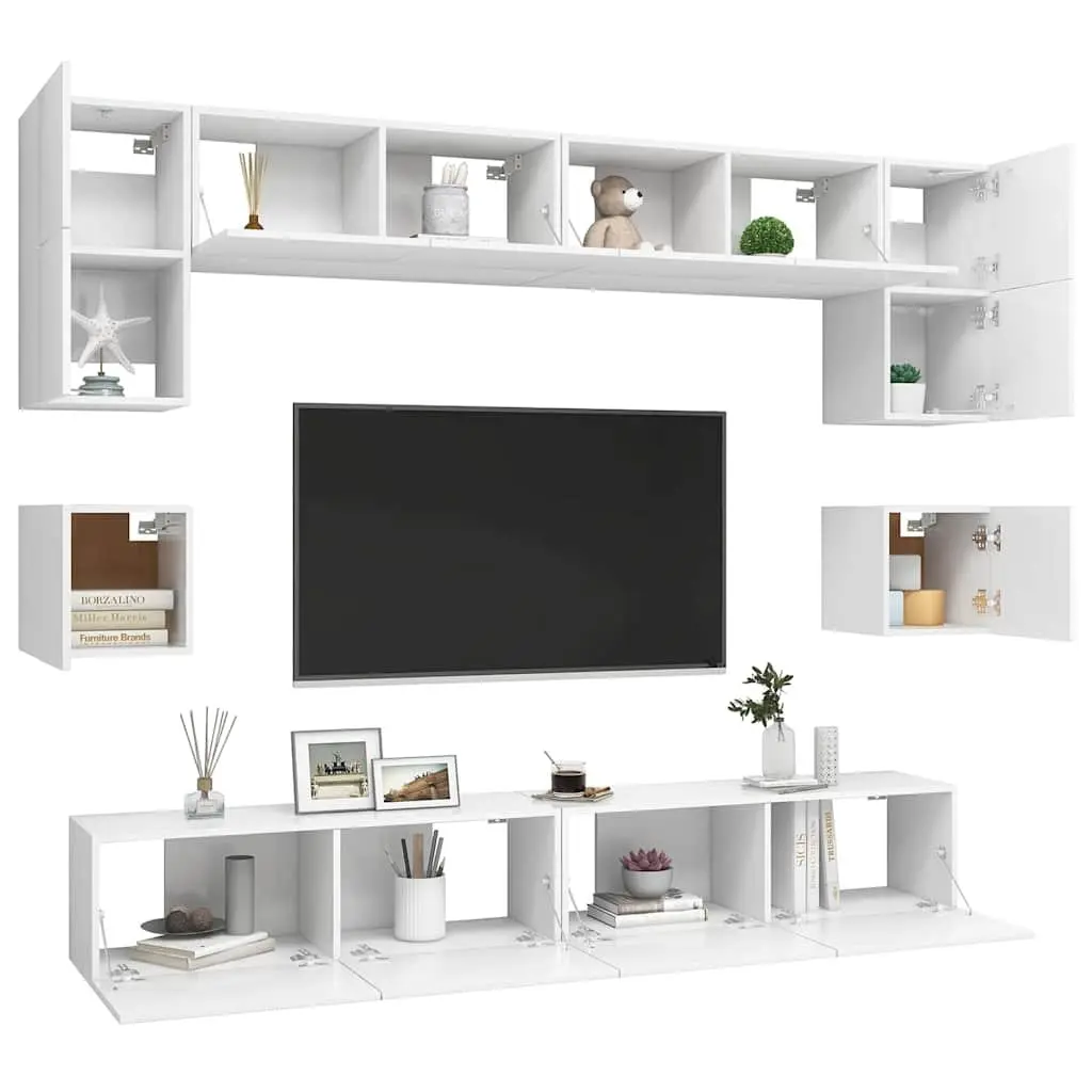Wall Mounted TV Cabinet Set 8 Piece White Storage Entertainment Unit
