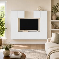 TV Cabinet Set 6 Piece Wall Mounted Storage Unit White Engineered Wood