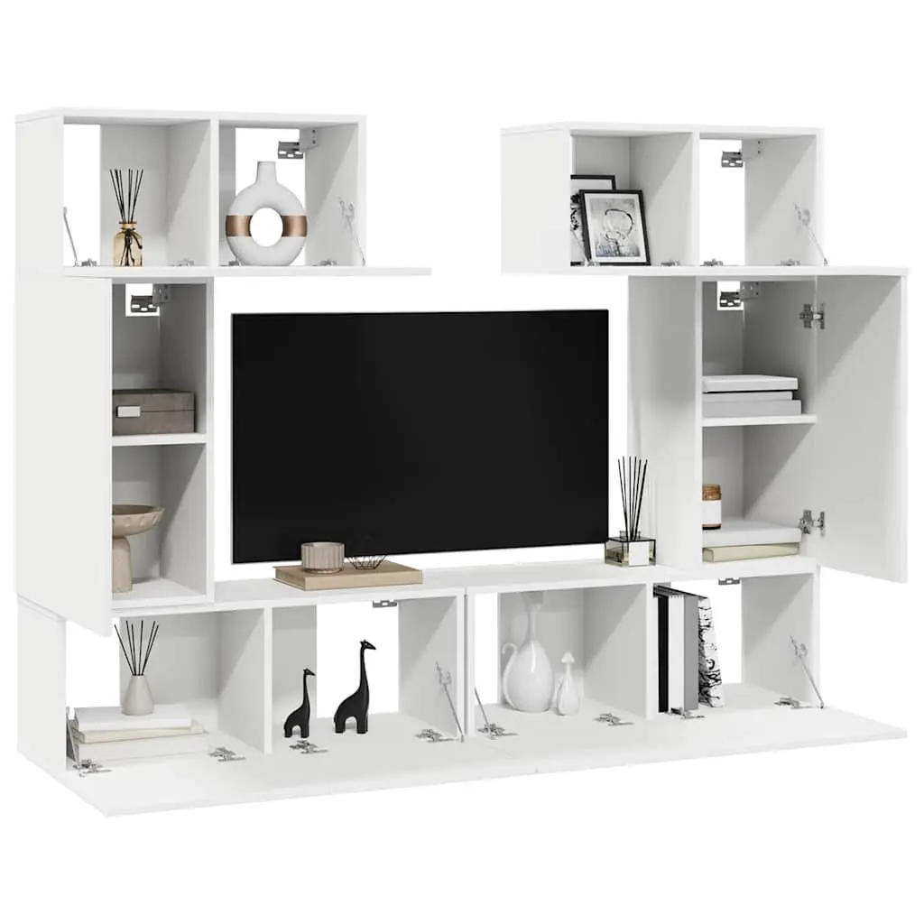 TV Cabinet Set Wall Mounted Storage Unit 6 Piece White Engineered Wood