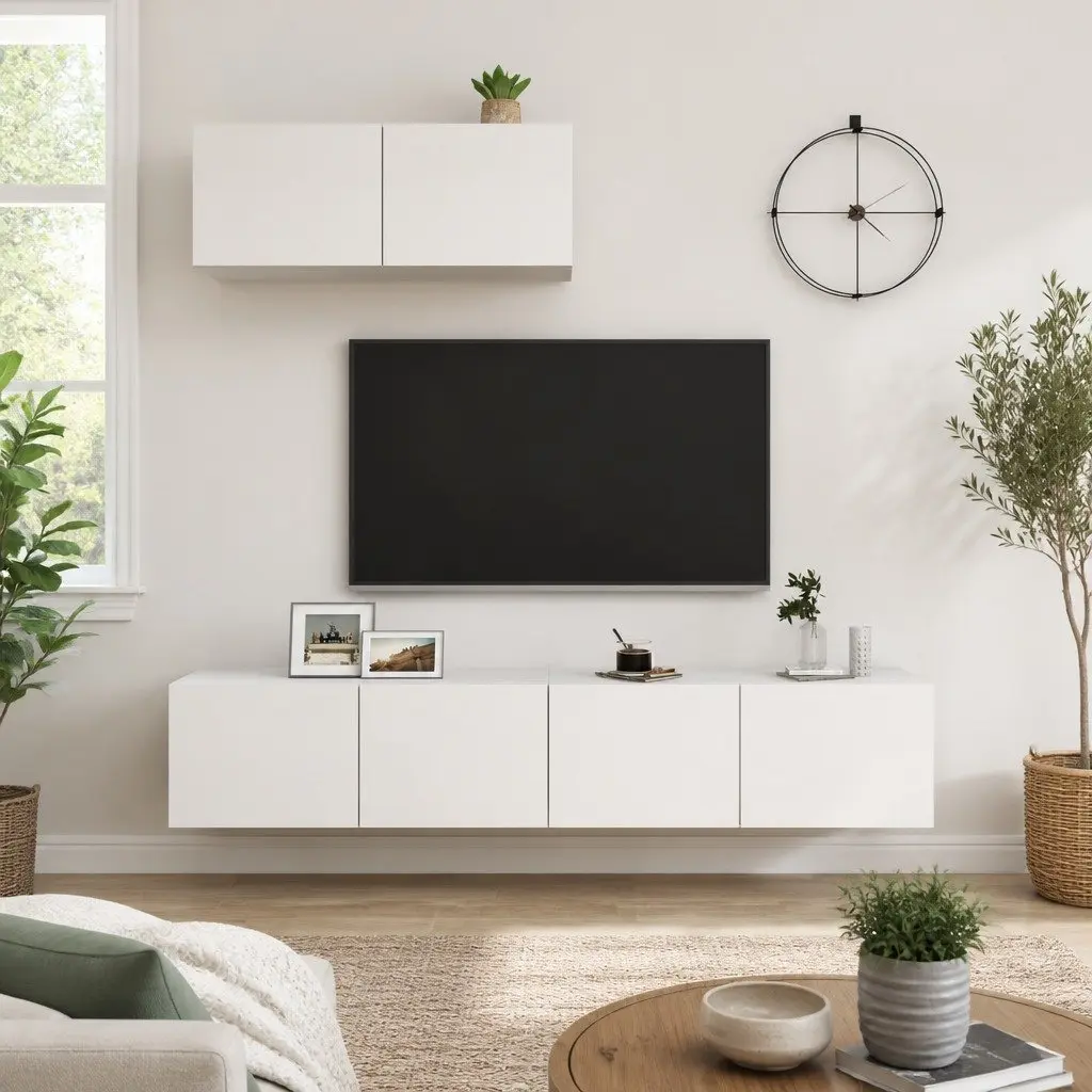 Wall Mounted TV Cabinet Set White Engineered Wood 3 Pieces Storage Display Unit