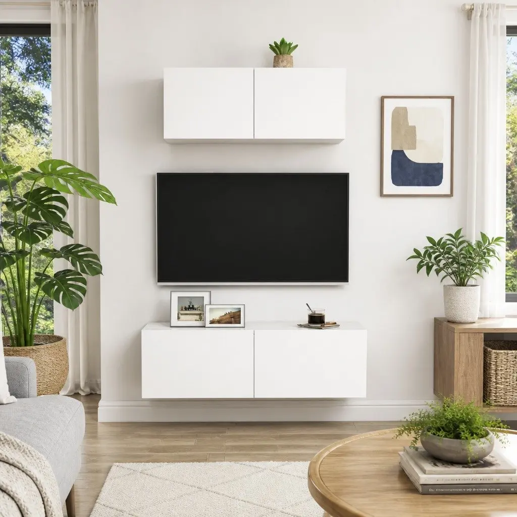 Wall-Mounted TV Cabinet Set White 2 Piece Storage Media Unit
