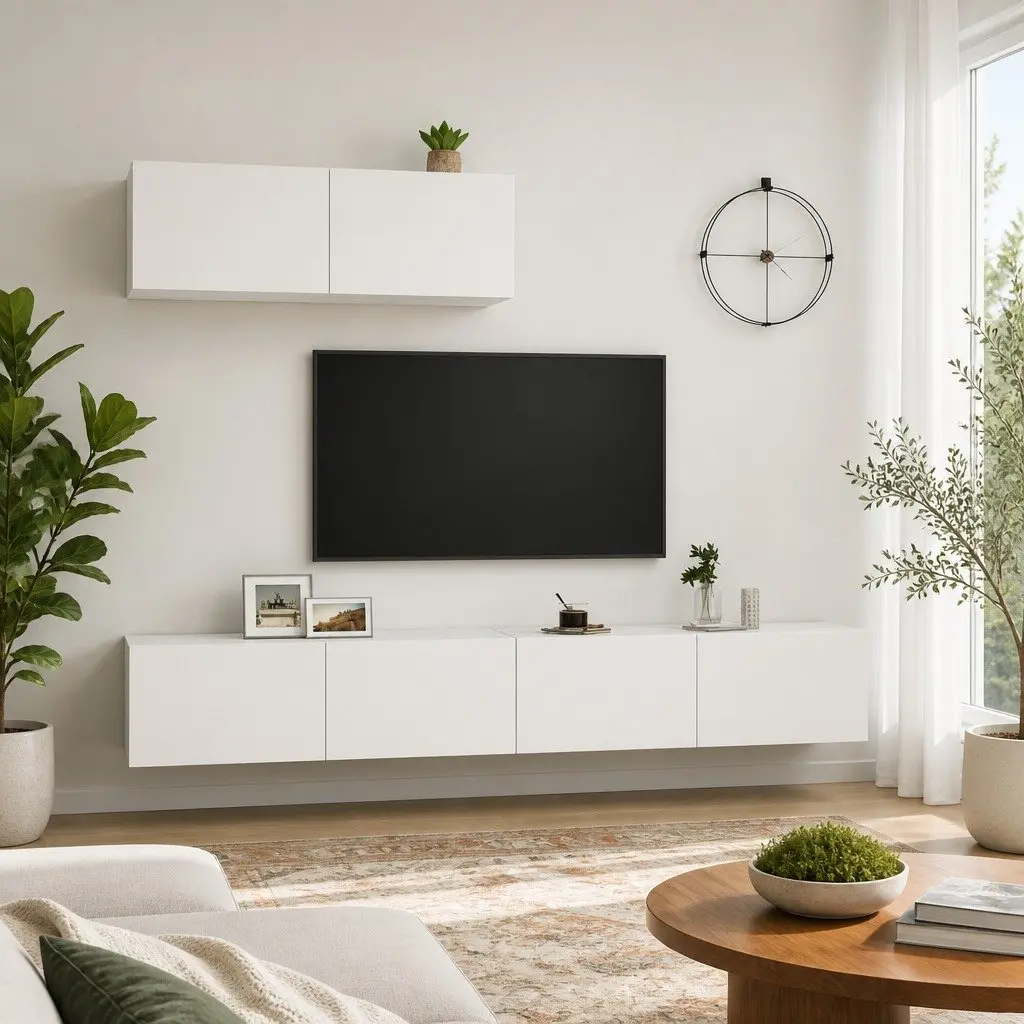 Wall Mounted TV Cabinet Set White Storage Unit Organiser Display Shelf 3 Pieces