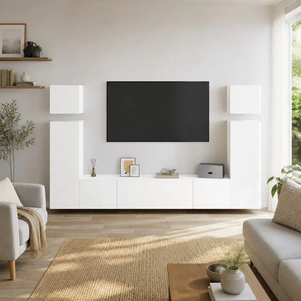 Wall Mounted TV Cabinet Set 8 Piece Floating Storage Units White Engineered Wood