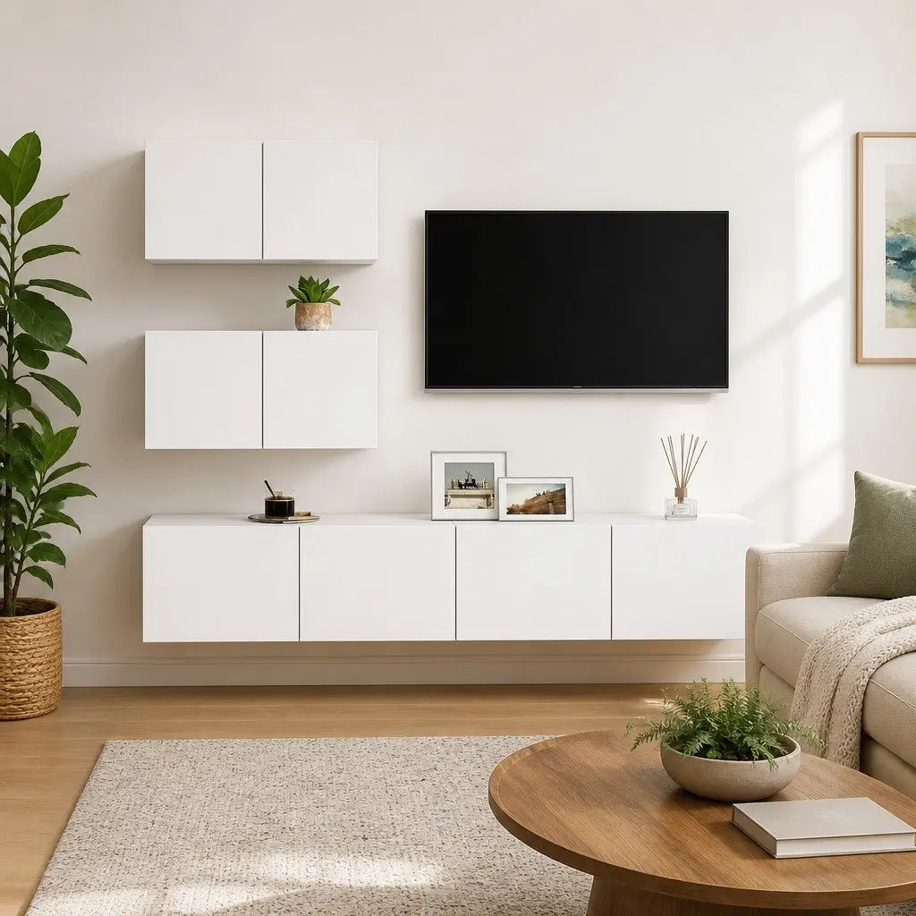 TV Cabinet Set Modern Wall Mounted White 4 Piece Storage Unit