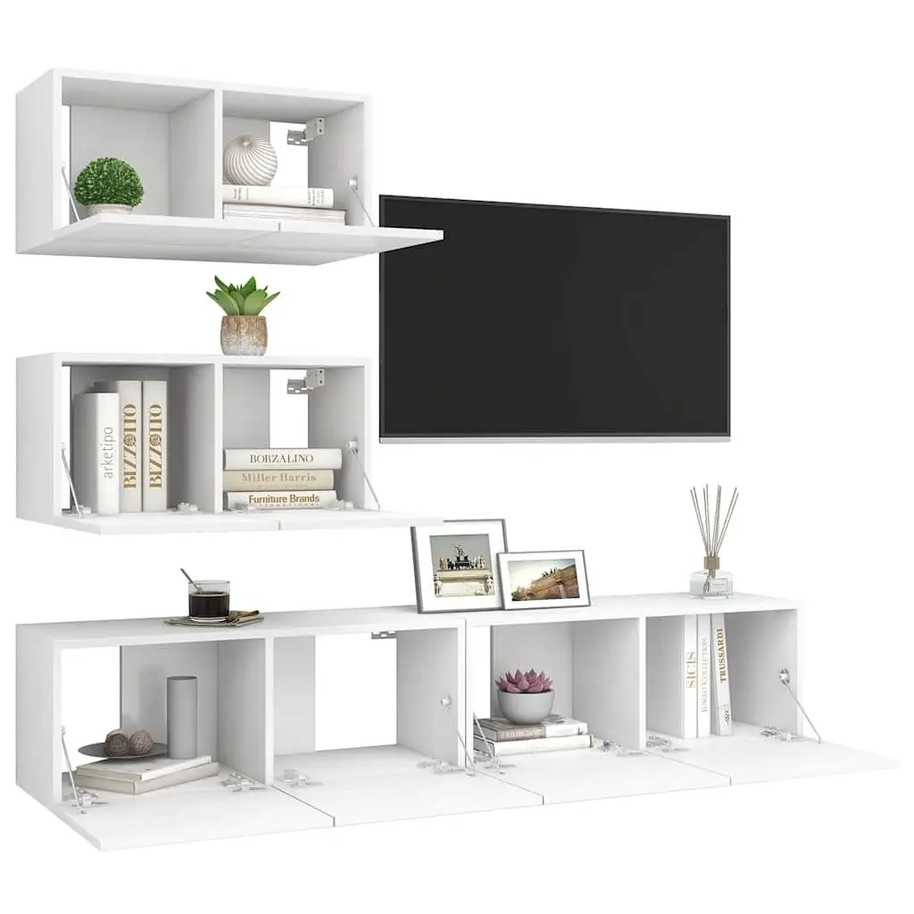 TV Cabinet Set Modern Wall Mounted White 4 Piece Storage Unit