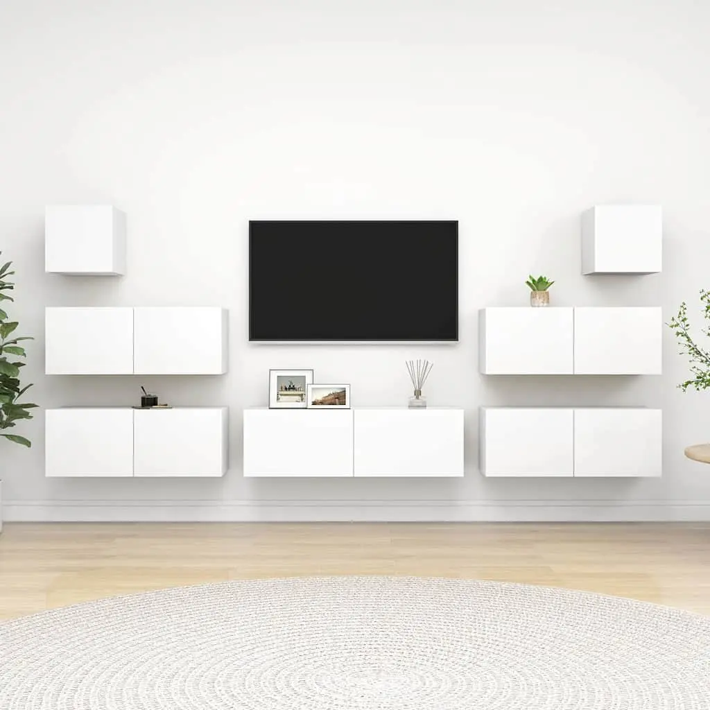7 Piece TV Cabinet Set White Wall Mounted Storage Compartments Living Room Unit