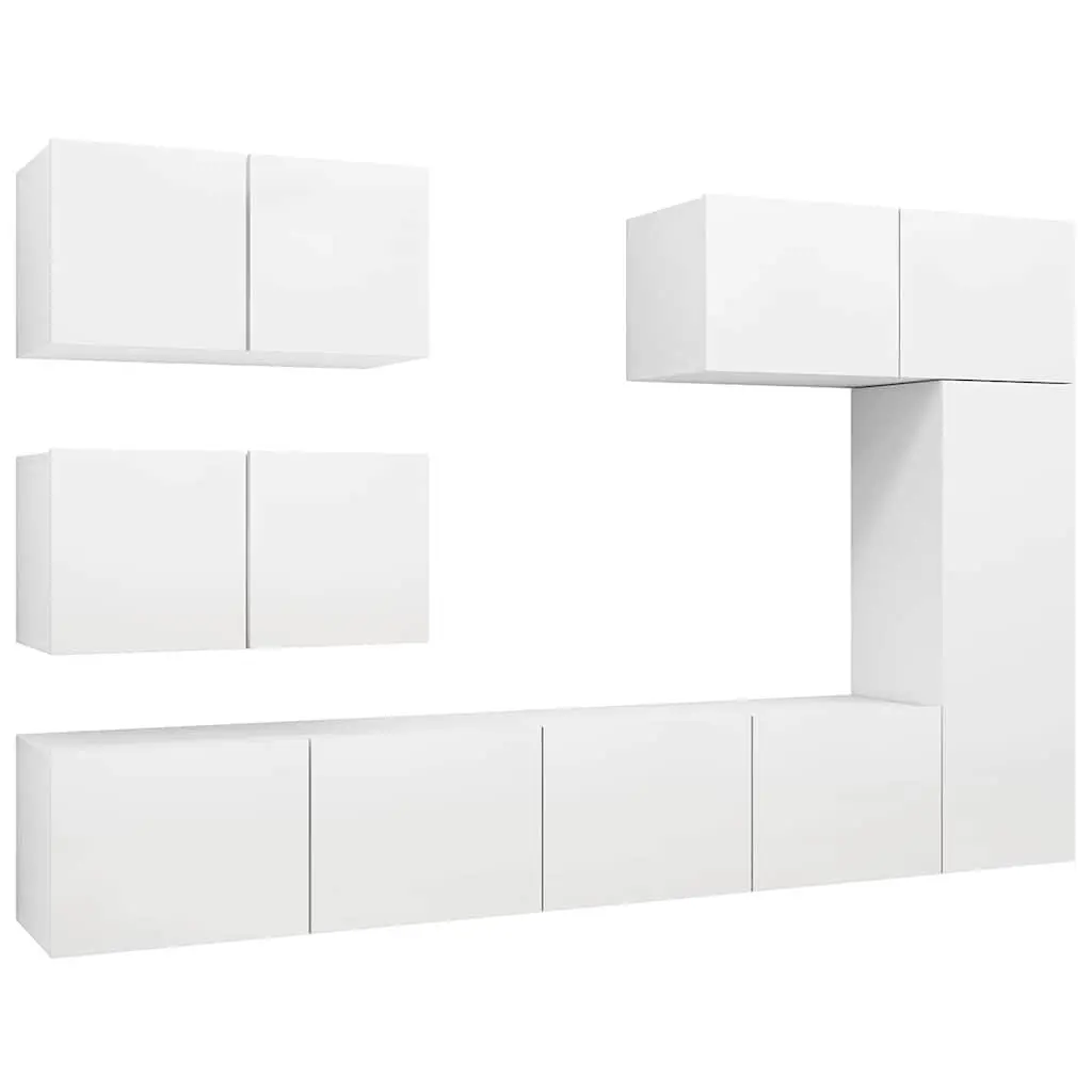White Wall Mounted Storage Unit 6 Piece Modern TV Cabinet Set for Living Room