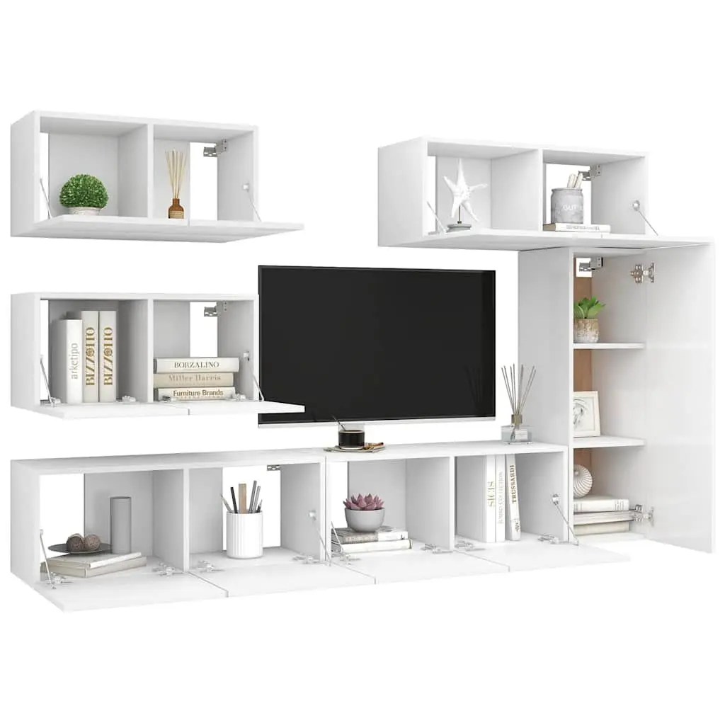 White Wall Mounted Storage Unit 6 Piece Modern TV Cabinet Set for Living Room