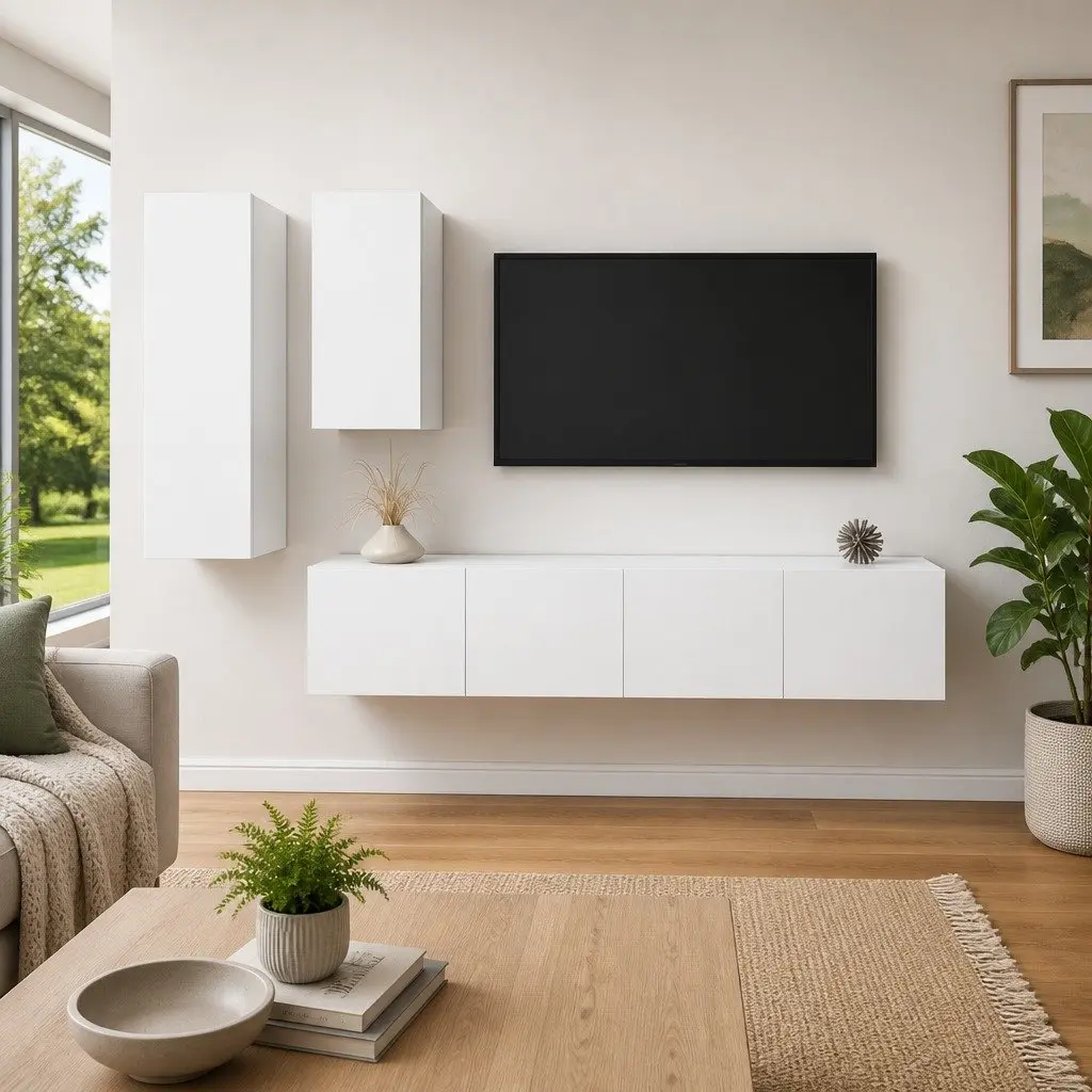 4 Piece TV Cabinet Set White Wall Mounted Storage Unit Living Room Furniture
