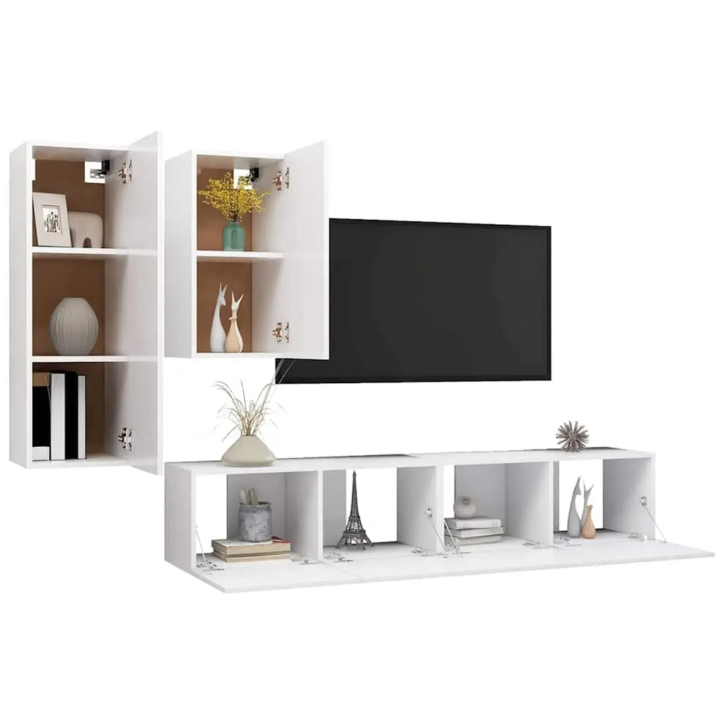 4 Piece TV Cabinet Set White Wall Mounted Storage Unit Living Room Furniture