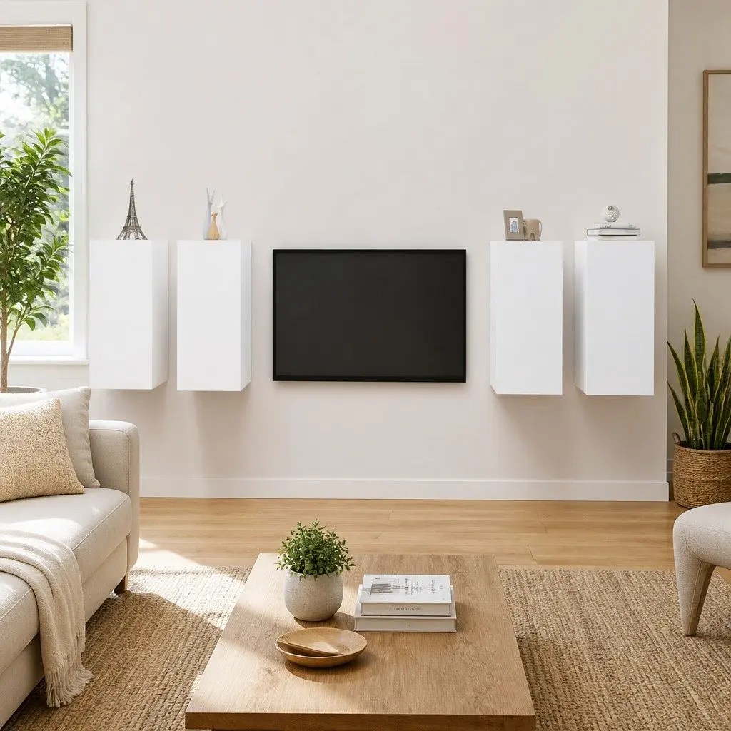 4 Piece White Wall Mounted TV Cabinet Set with Shelves for Living Room Storage