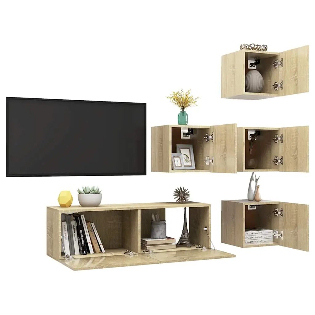 5 Piece Wall Mounted TV Cabinet Set Brown