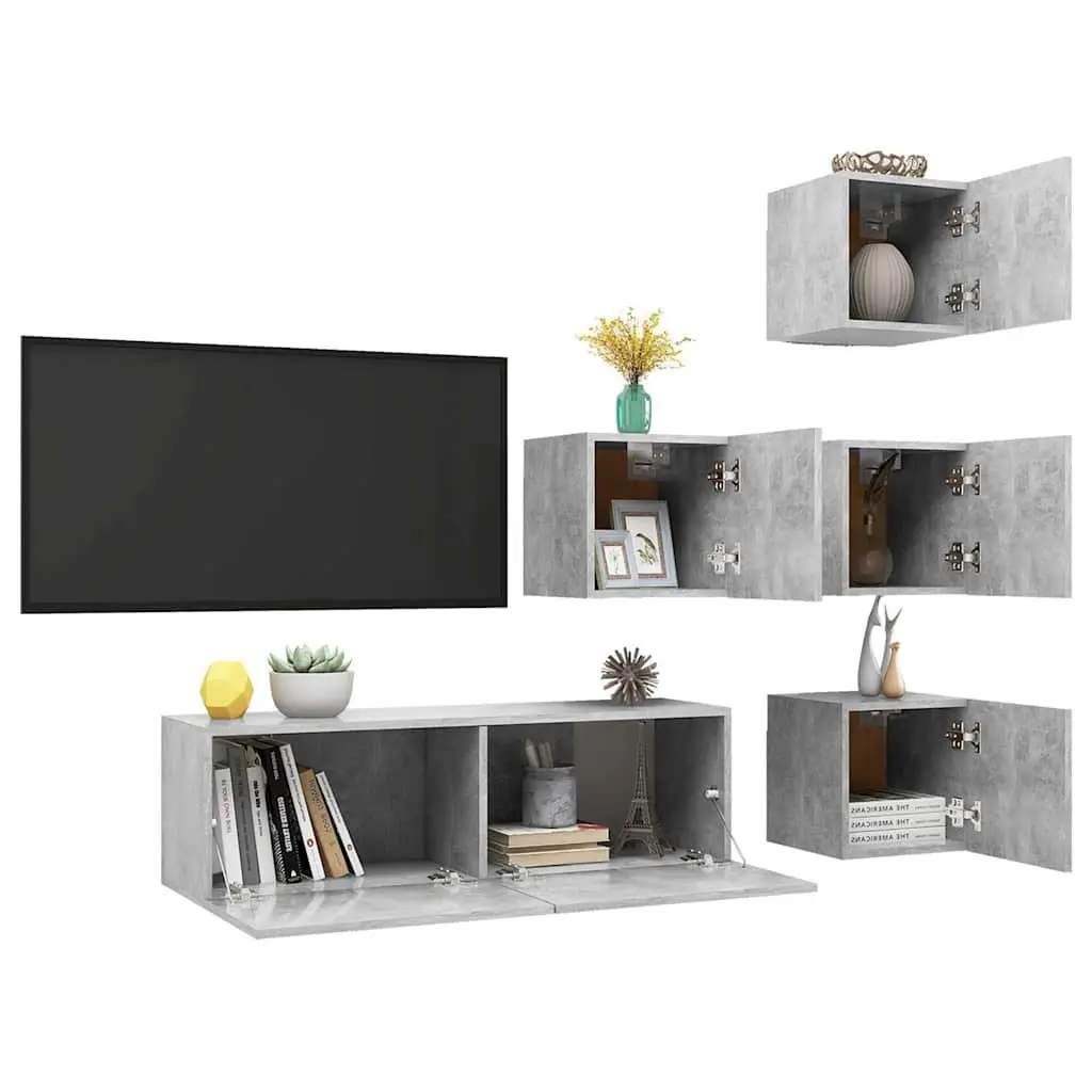 TV Cabinet Set Grey 5 Piece Wall Mounted Modern Storage Shelving