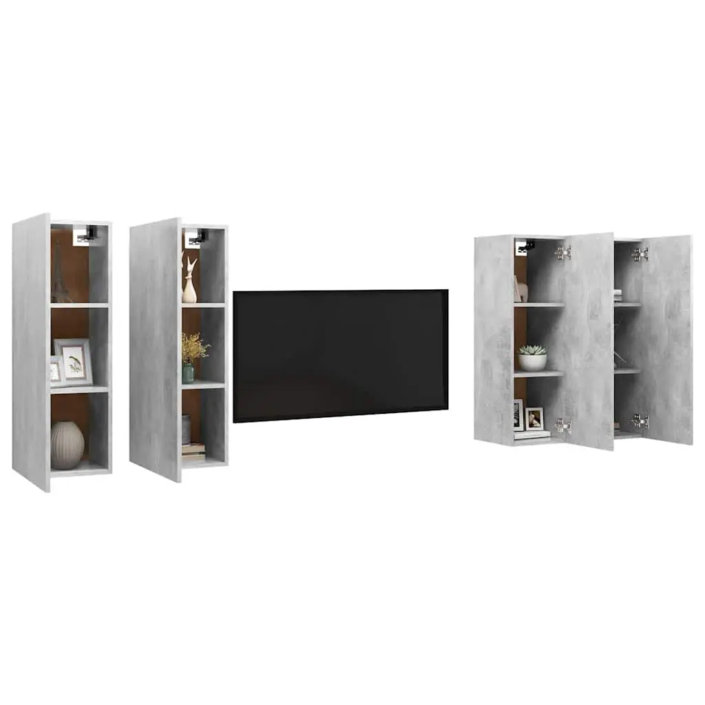Wall-Mounted TV Cabinet Set Grey Engineered Wood 4 Piece Shelving Unit Storage